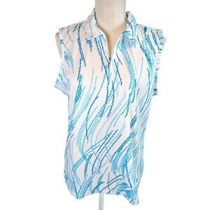 Izod Shirt Top Blouse Women's Large Cool Flex Collared Sleeveless Blue White New